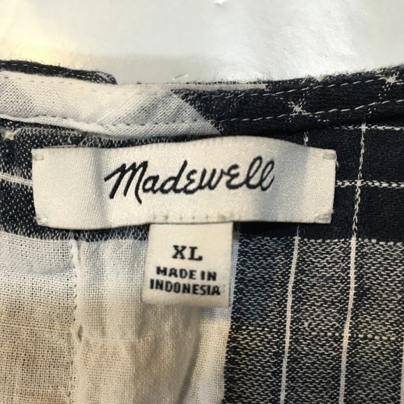Madewell Plaid Tie Front Top Women XL Blue White Button Back Preppy Picnic Casua - Picture 8 of 11